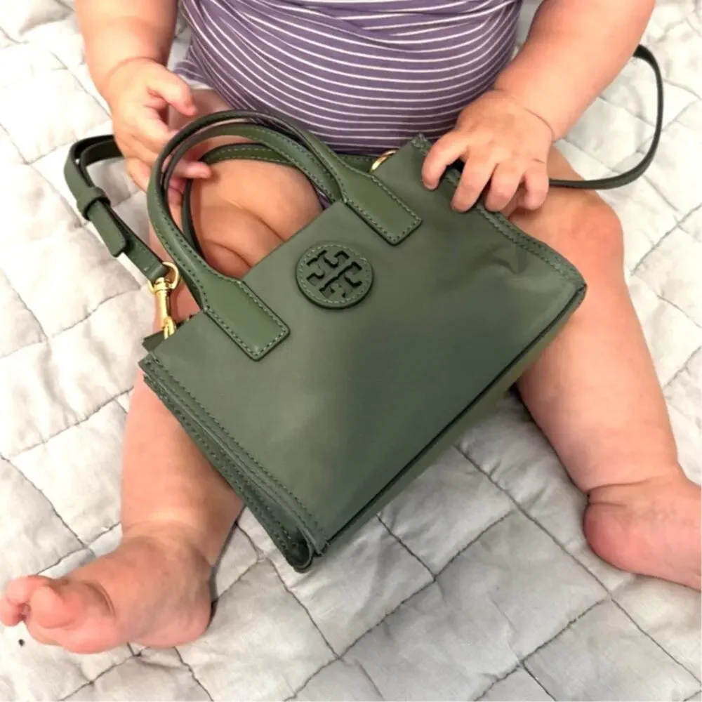 Tory Burch Ella Nylon Mini Baby Tote Purse Crossbody Strap Olive Palm Green